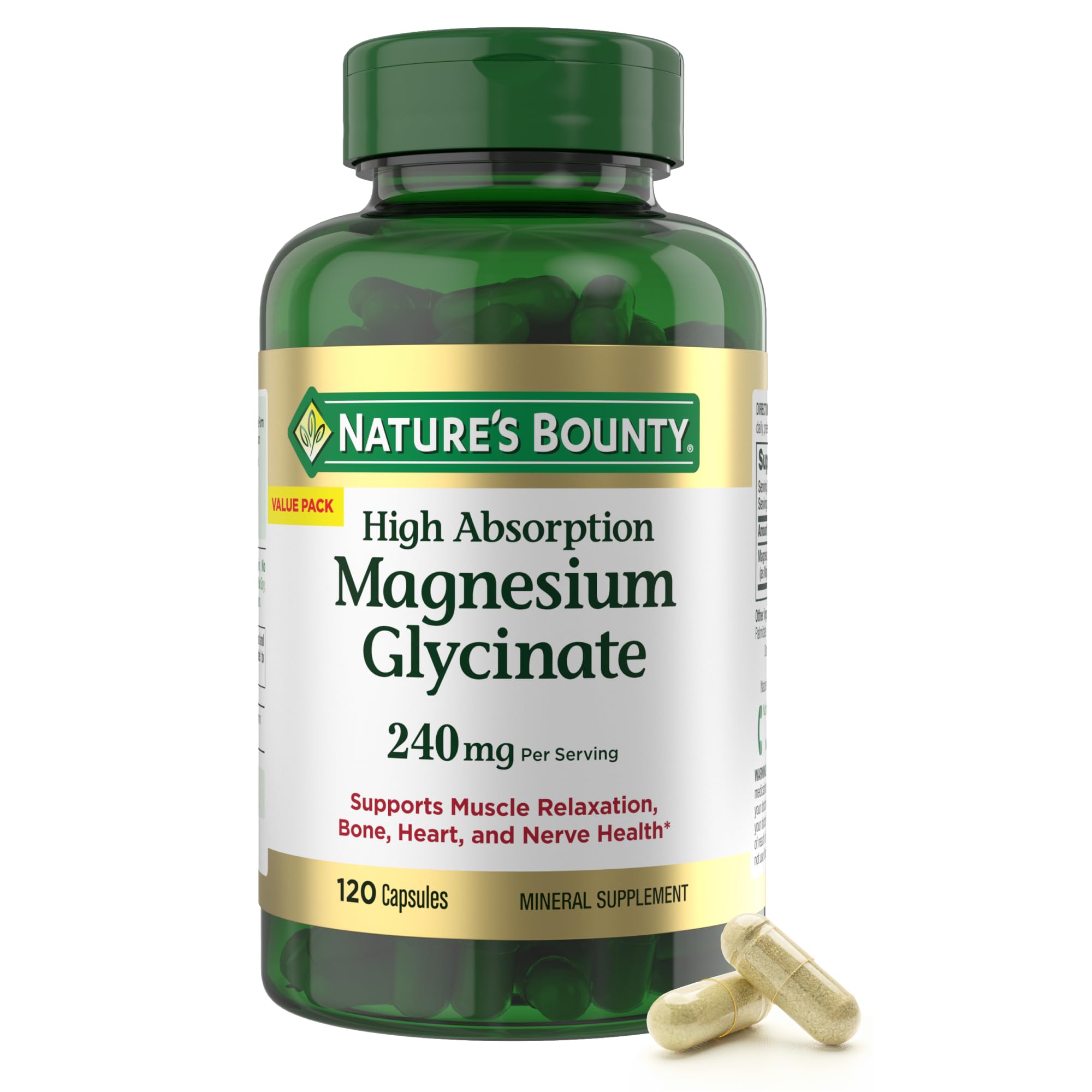 Nature's Bounty High Absorption Magnesium Glycinate 240 mg for Muscle Relaxation, Bone Heart & Nerve Health – Non-GMO, G