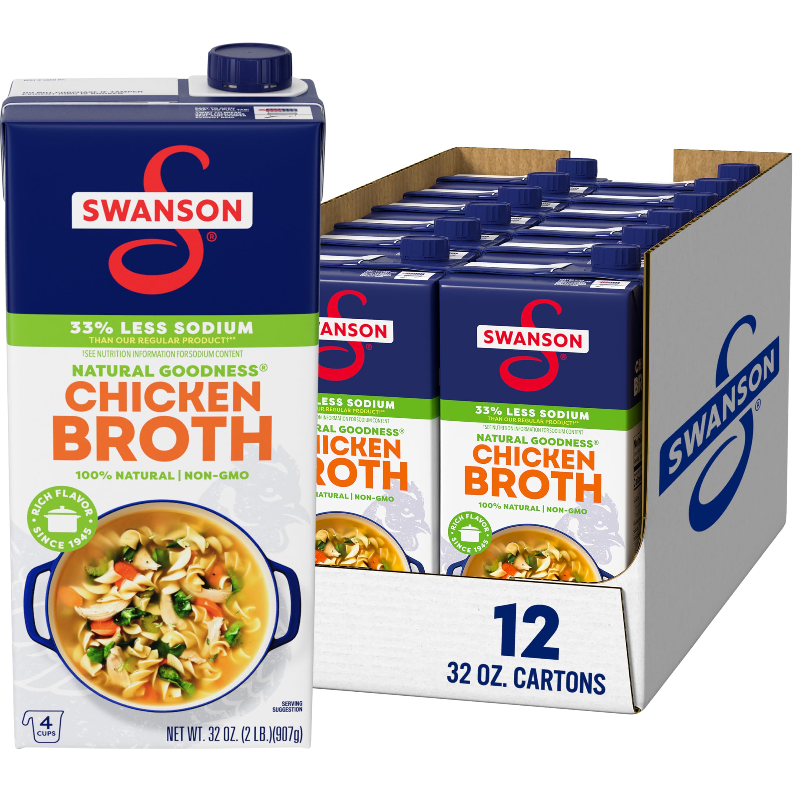 Swanson Natural Goodness Lower Sodium Chicken Broth, 32 oz Carton (12 Pack) for Diabetic & Heart Health, Meal Preparatio